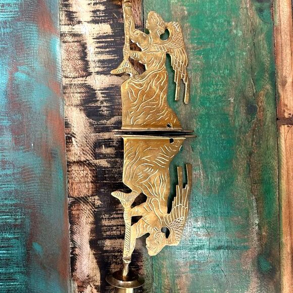 Brass Angel Candle Holders 2 Pc Set Vintage Carved Metal Decor Christmas Holiday - Picture 8 of 9